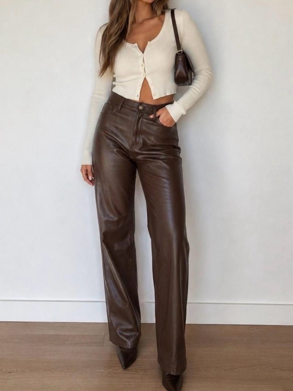 Abercrombie & Fitch Dark Brown Faux Leather 90s Straight High Rise Pants